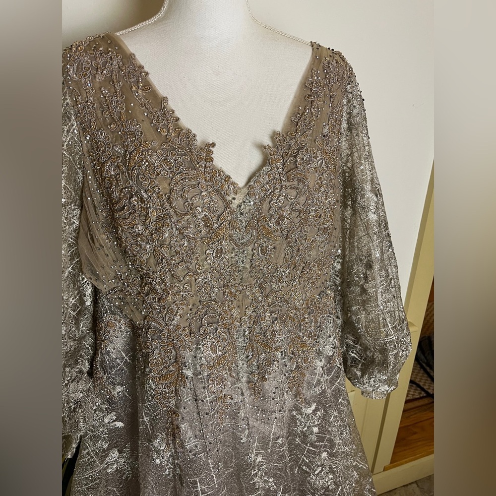 Mac Duggal NWT 20283D Embellished Lace Beaded Evening Gown 18 Silver Champagne - Picture 11 of 15